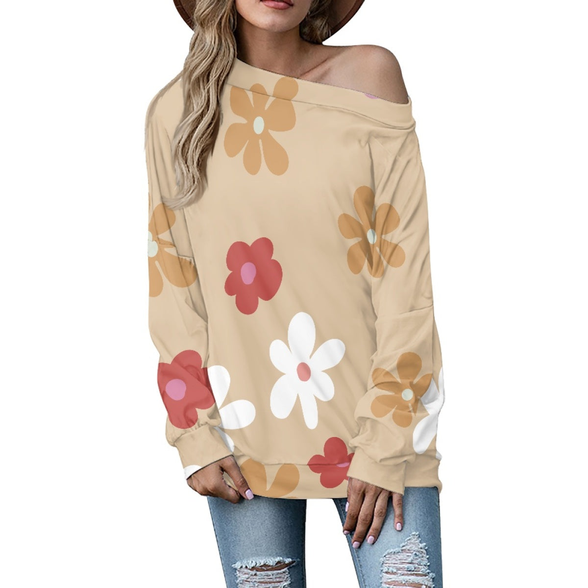 Khaki Bottom Colorful Flower Long Sleeve Raglan Top