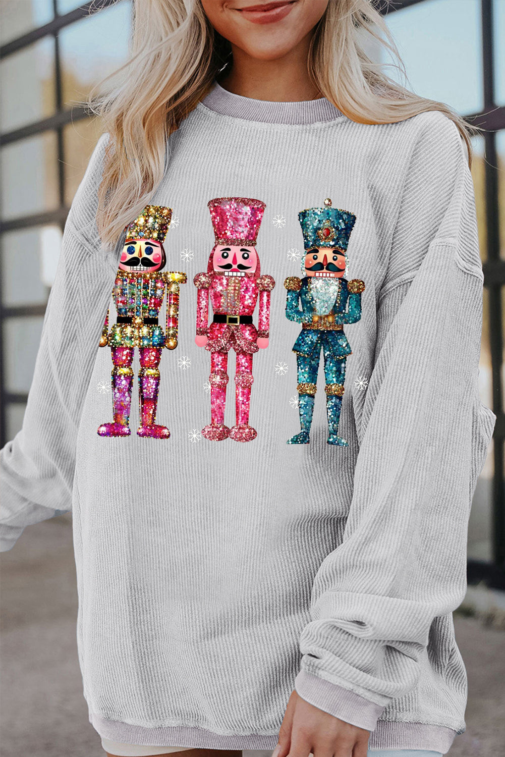 Ribbed Knit Nutcracker Pattern Crew Neck Pullover Sweatshirt