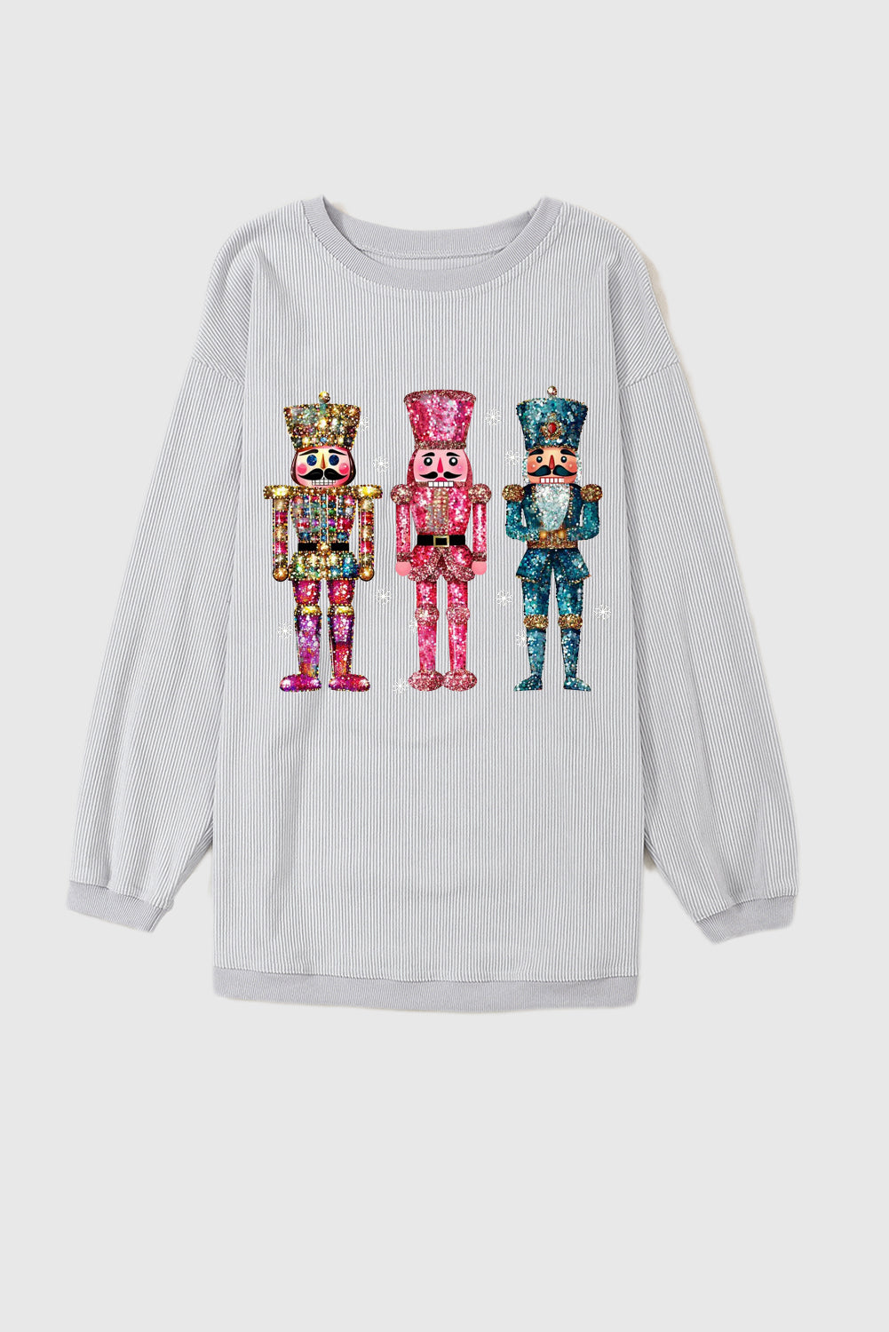 Ribbed Knit Nutcracker Pattern Crew Neck Pullover Sweatshirt