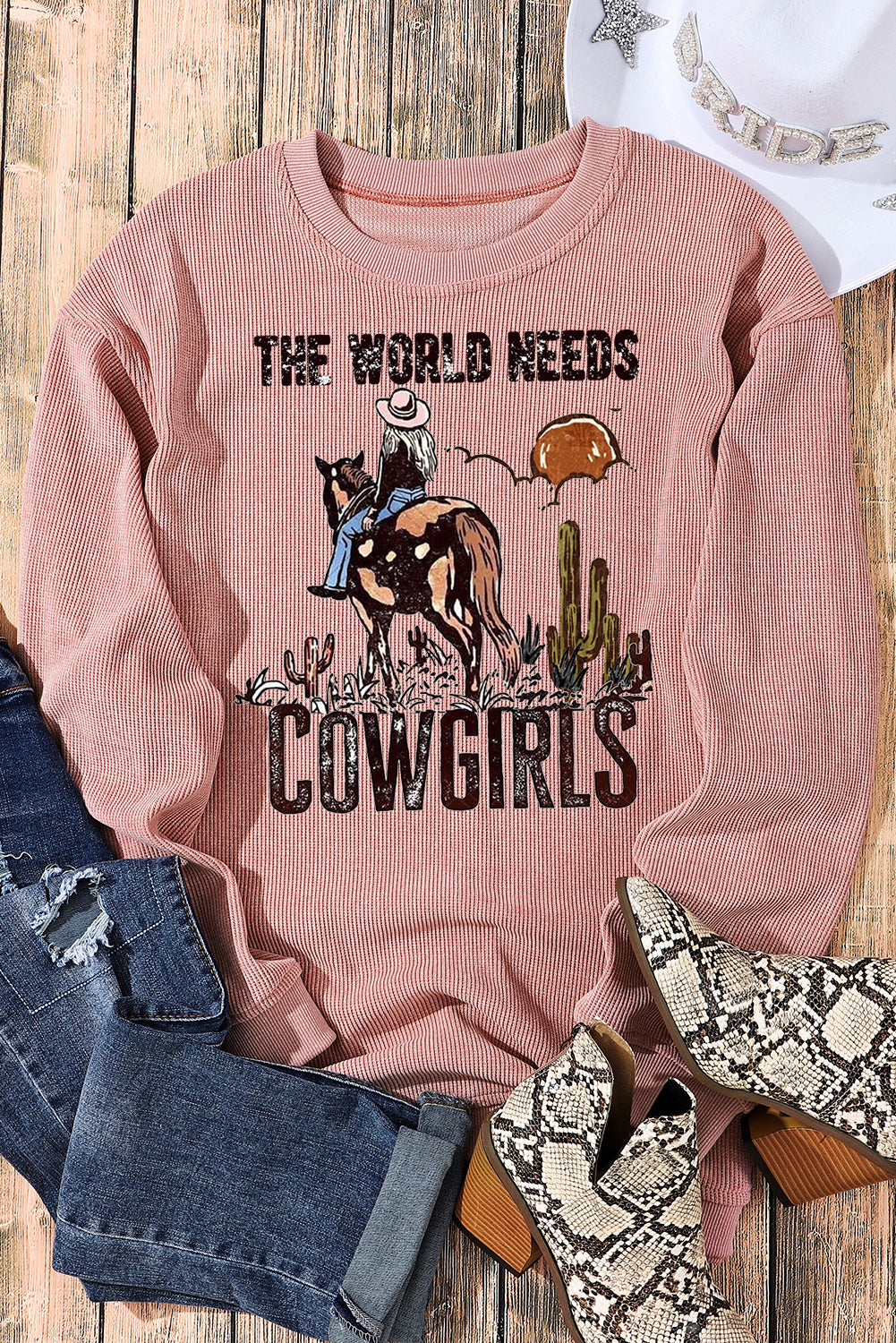 Cowgirls Ribbed Crew Neck Pullover Sweatshirt