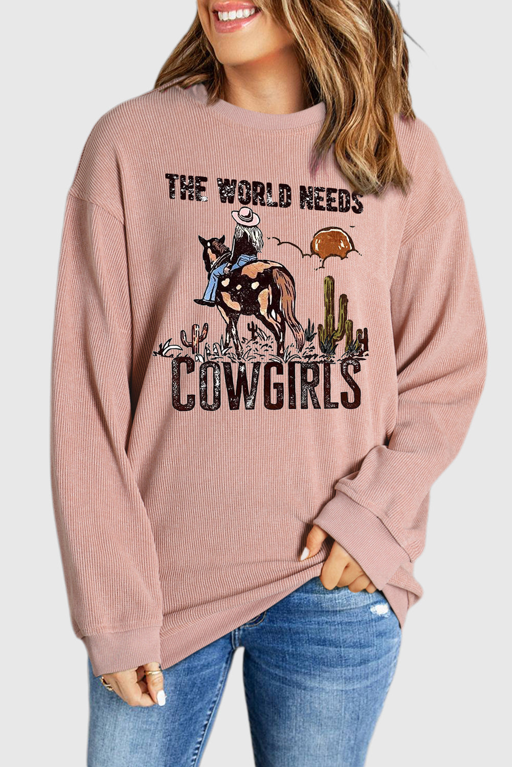 Cowgirls Ribbed Crew Neck Pullover Sweatshirt