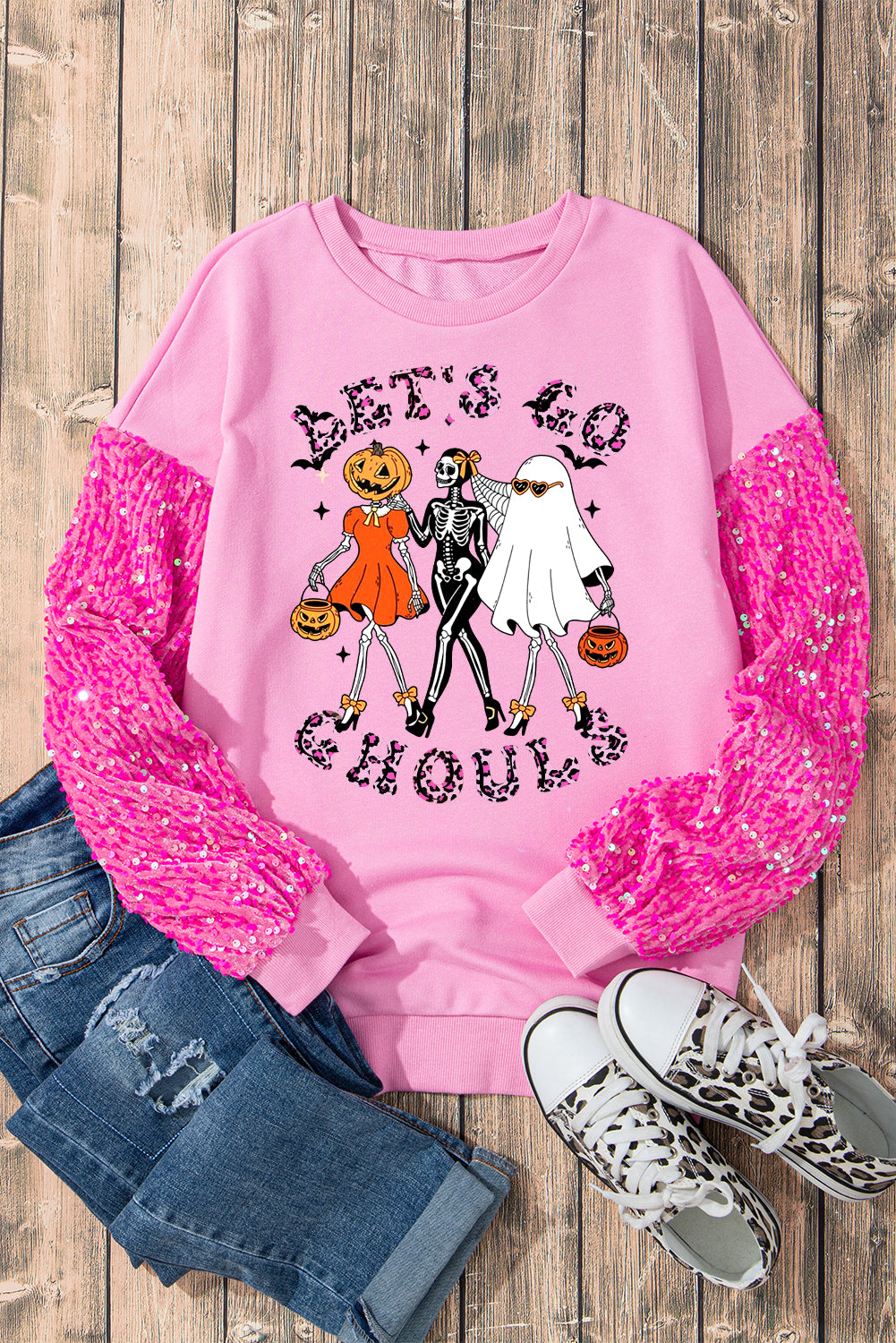 Halloween Pink Sequin Spliced Pumpkin Skull Long Sleeve Pullover Shirt