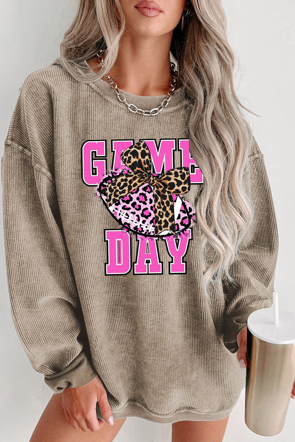 Game Day Bow Rugby Ribbed Knit Crew Neck Pullover Sweatshirt