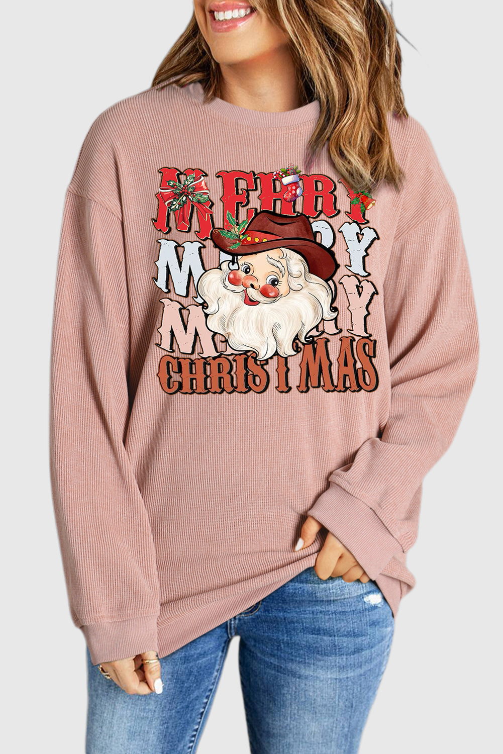 Plain Crew Neck Santa Pattern Pullover Sweatshirt