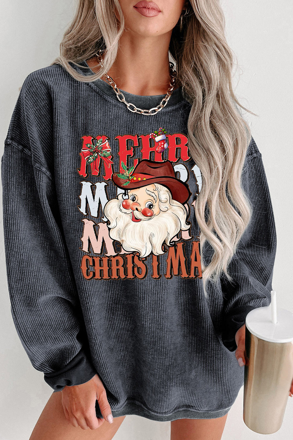 Plain Crew Neck Santa Pattern Pullover Sweatshirt