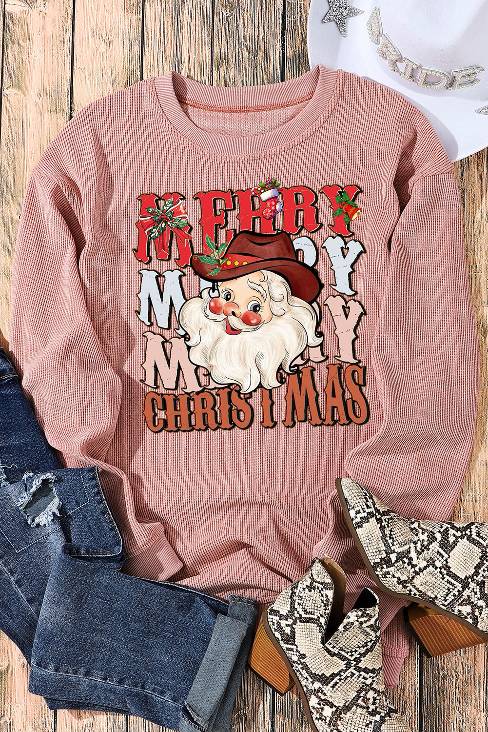 Plain Crew Neck Santa Pattern Pullover Sweatshirt