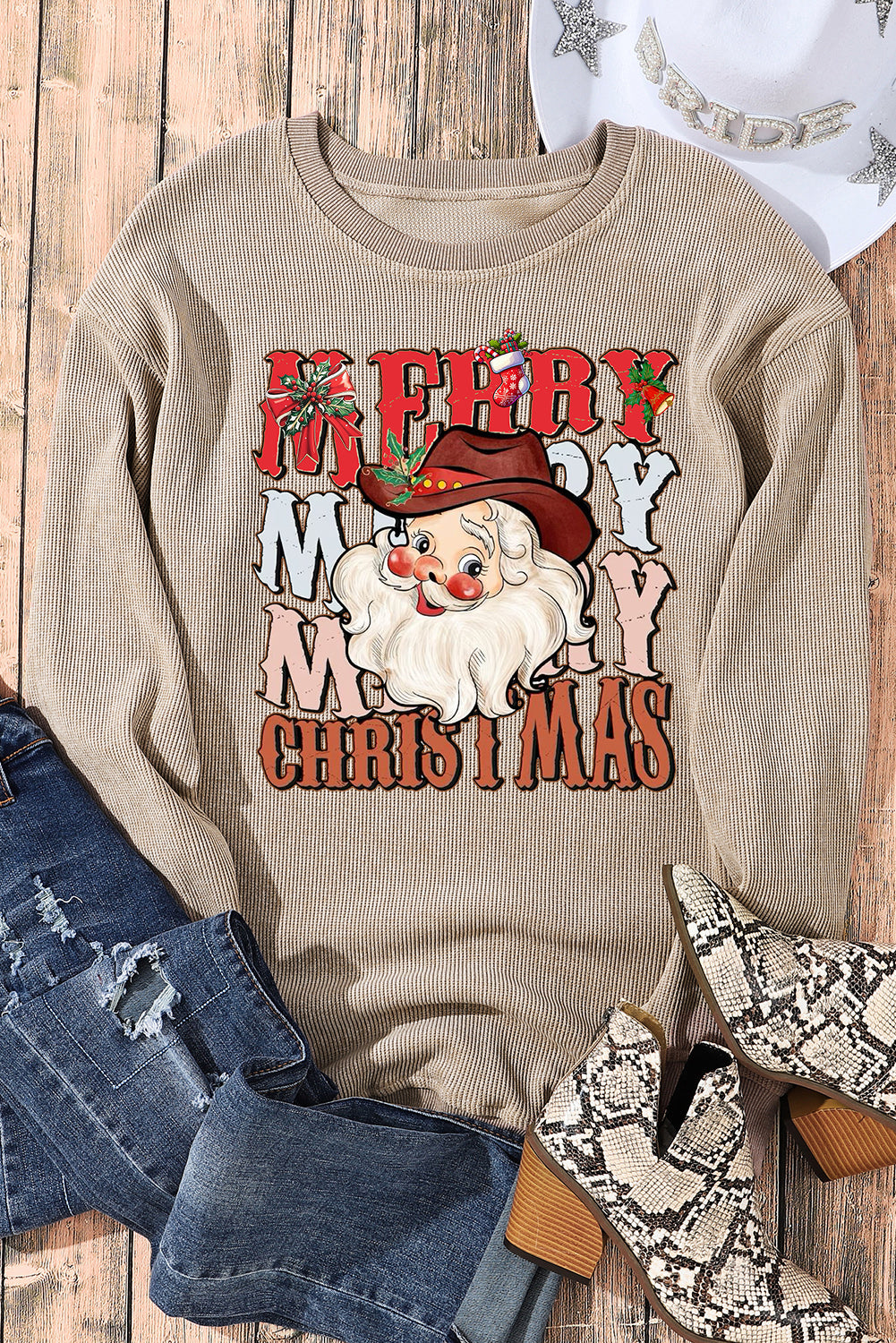 Plain Crew Neck Santa Pattern Pullover Sweatshirt