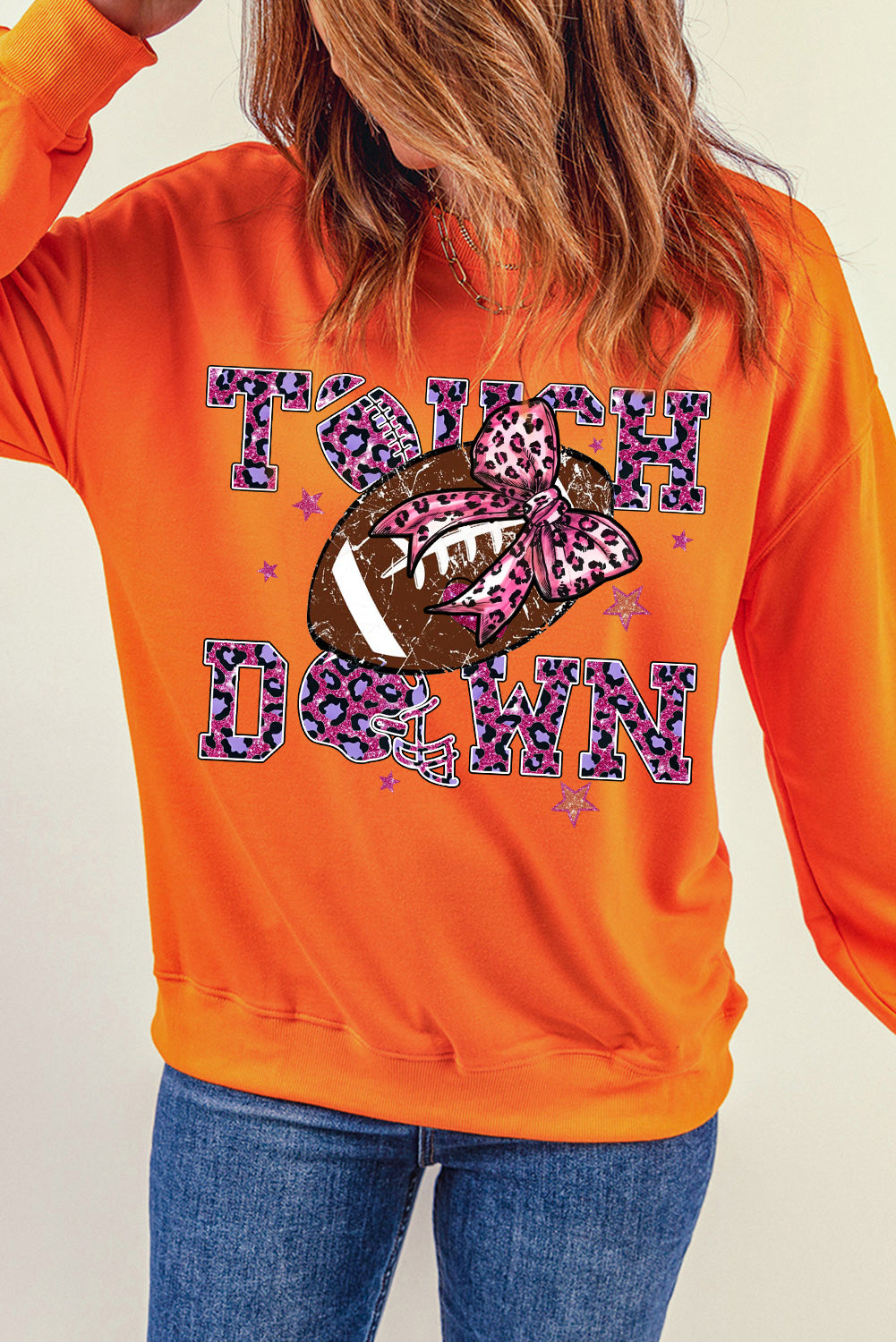 Touch Down Crew Neck Bow Rugby Print Pullover Sweatshirt