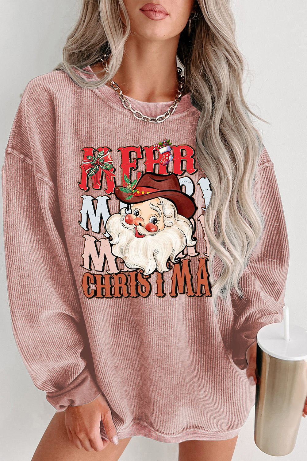 Plain Crew Neck Santa Pattern Pullover Sweatshirt