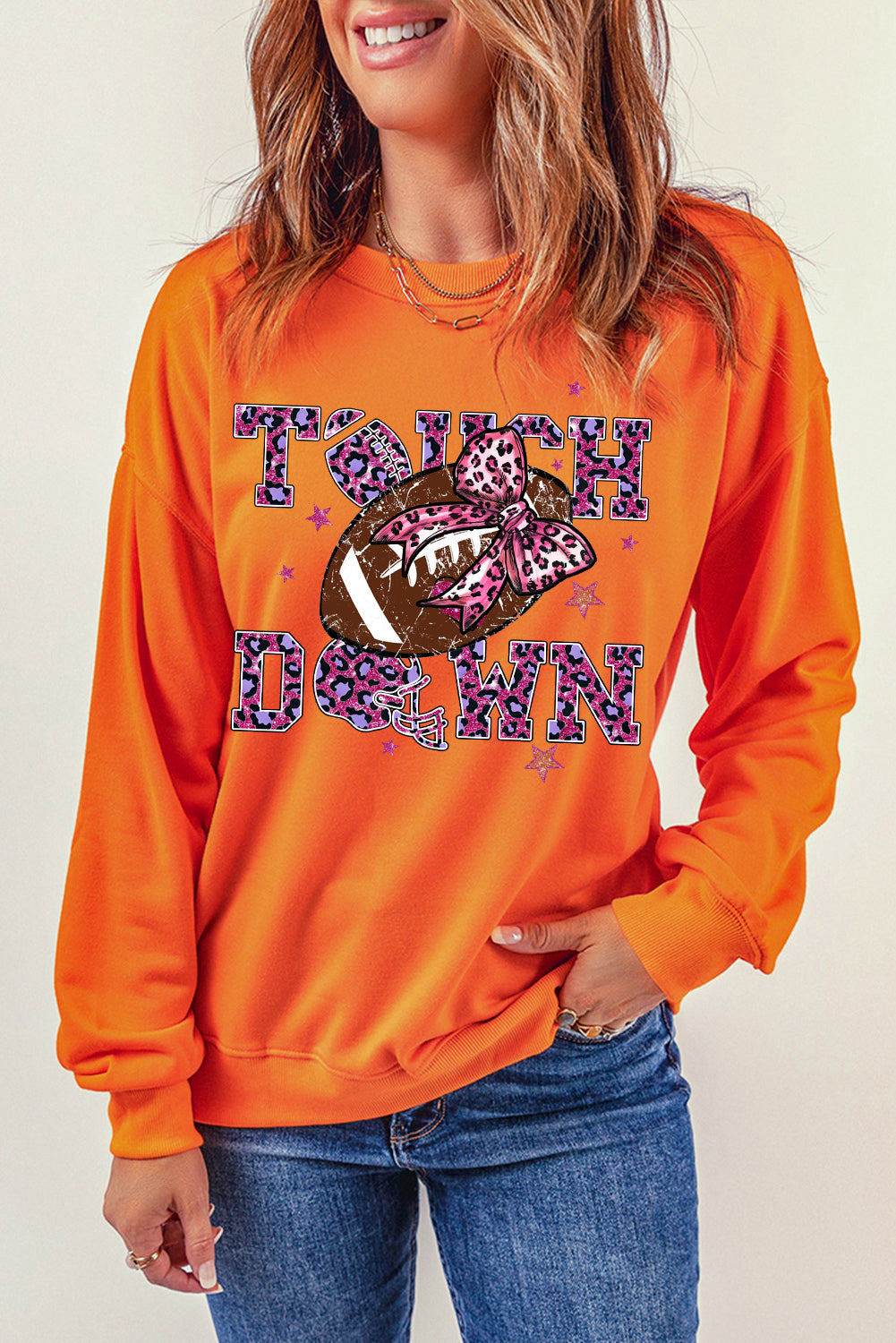 Touch Down Crew Neck Bow Rugby Print Pullover Sweatshirt