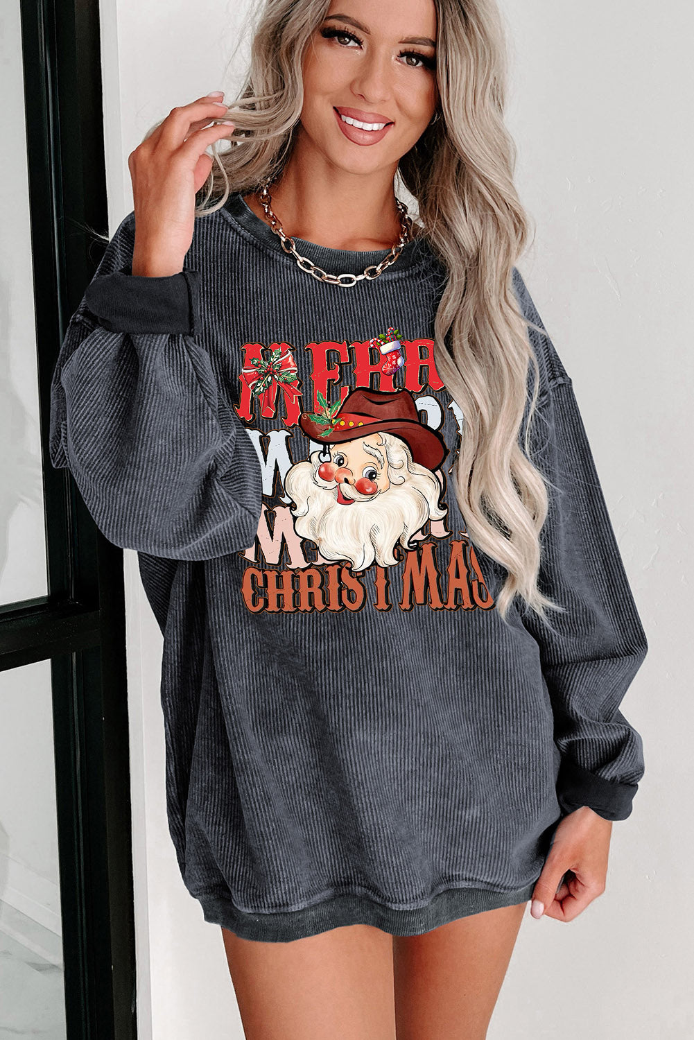 Plain Crew Neck Santa Pattern Pullover Sweatshirt