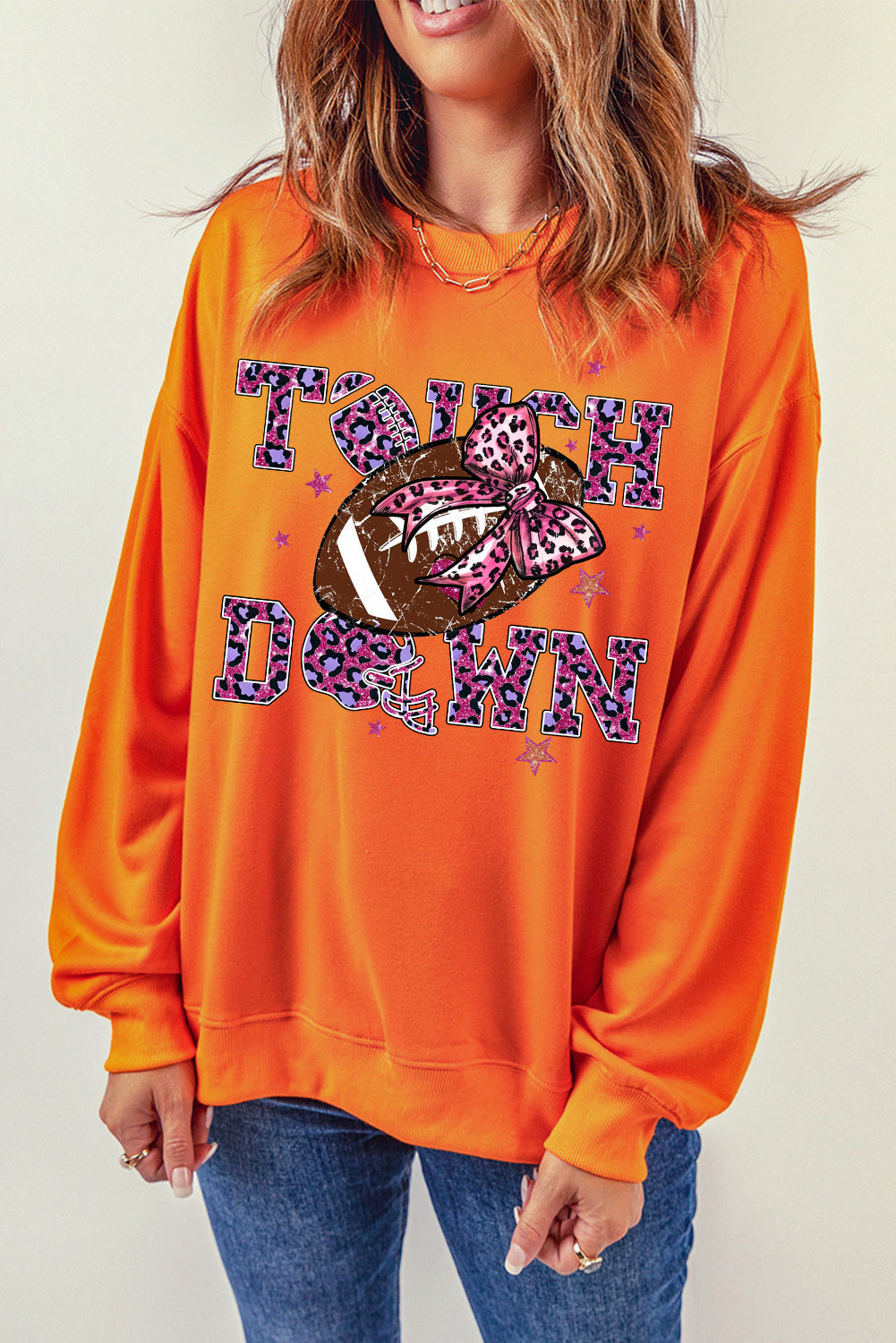 Touch Down Crew Neck Bow Rugby Print Pullover Sweatshirt