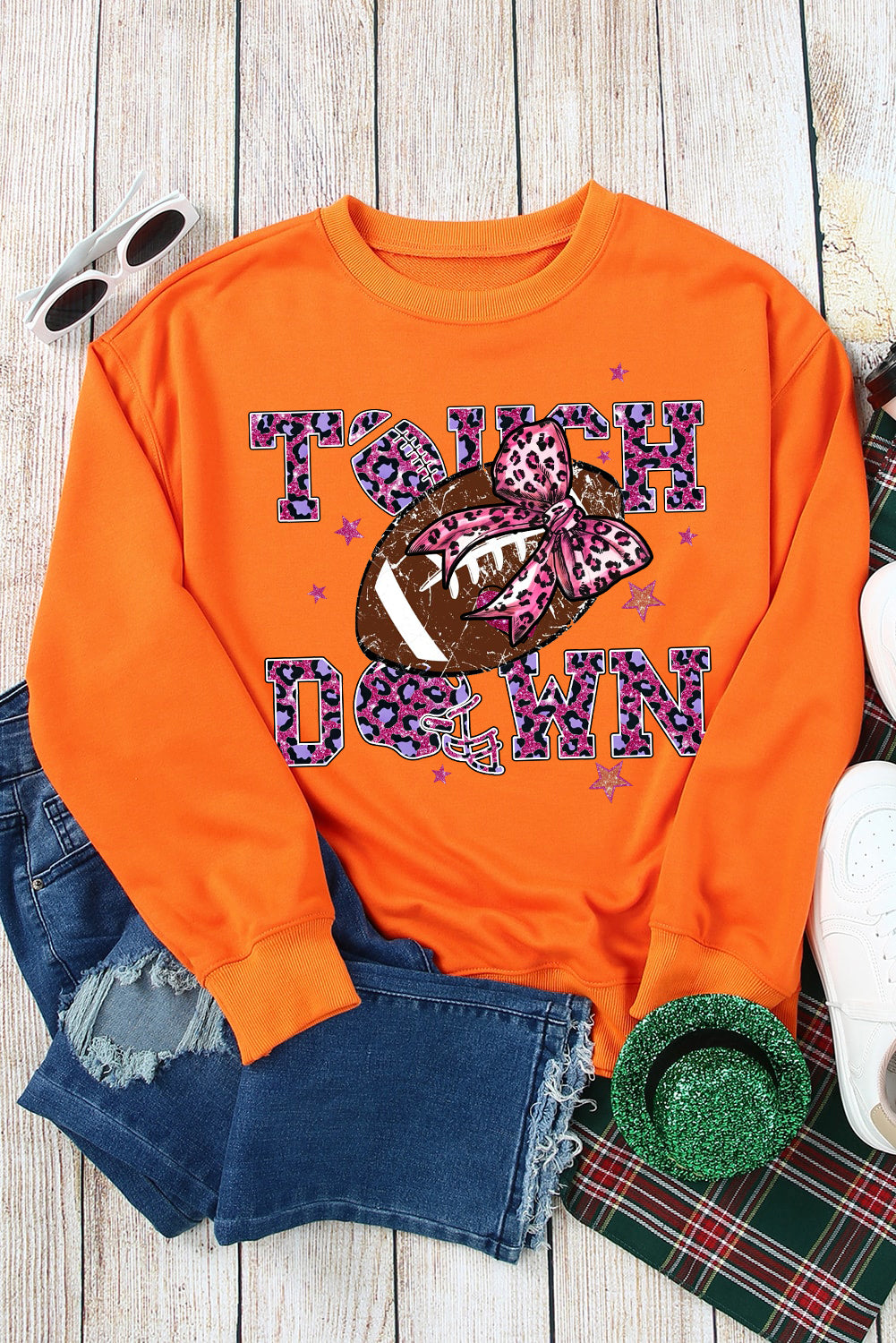 Touch Down Crew Neck Bow Rugby Print Pullover Sweatshirt