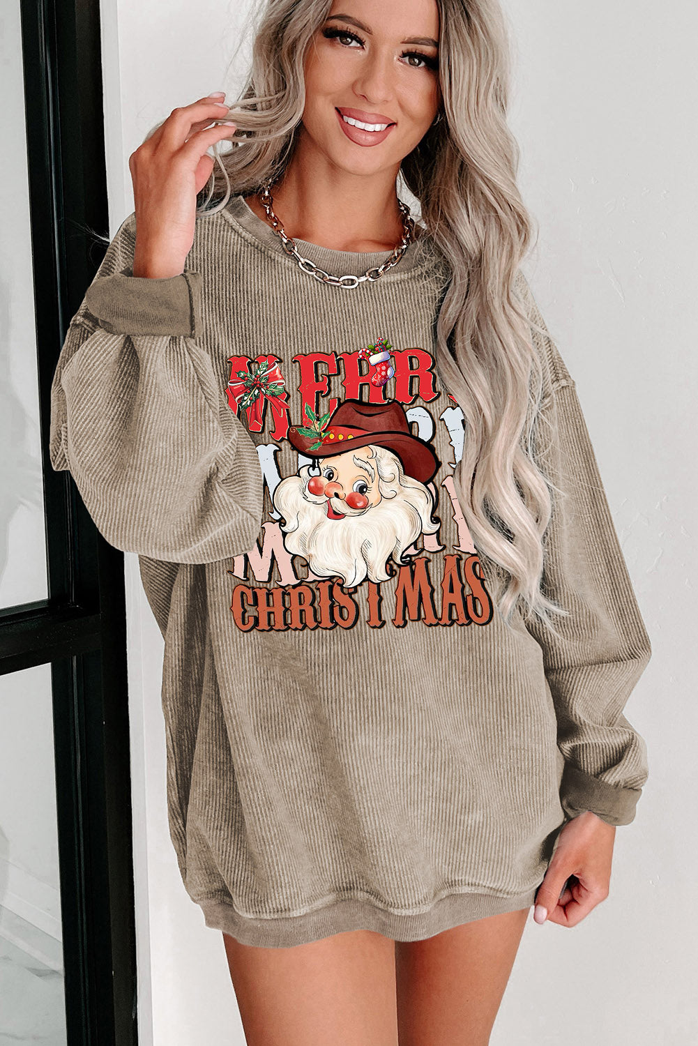 Plain Crew Neck Santa Pattern Pullover Sweatshirt