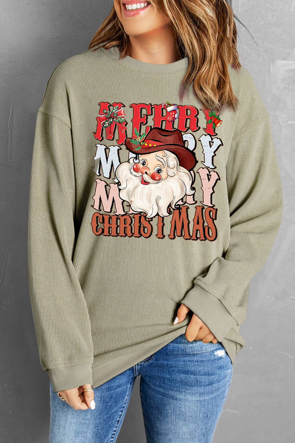 Plain Crew Neck Santa Pattern Pullover Sweatshirt