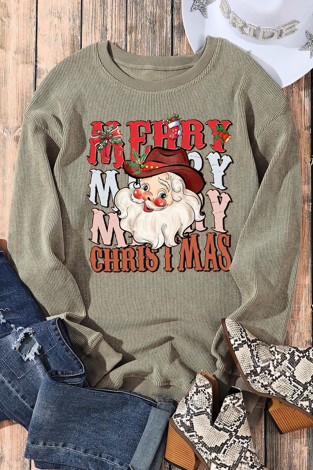 Plain Crew Neck Santa Pattern Pullover Sweatshirt