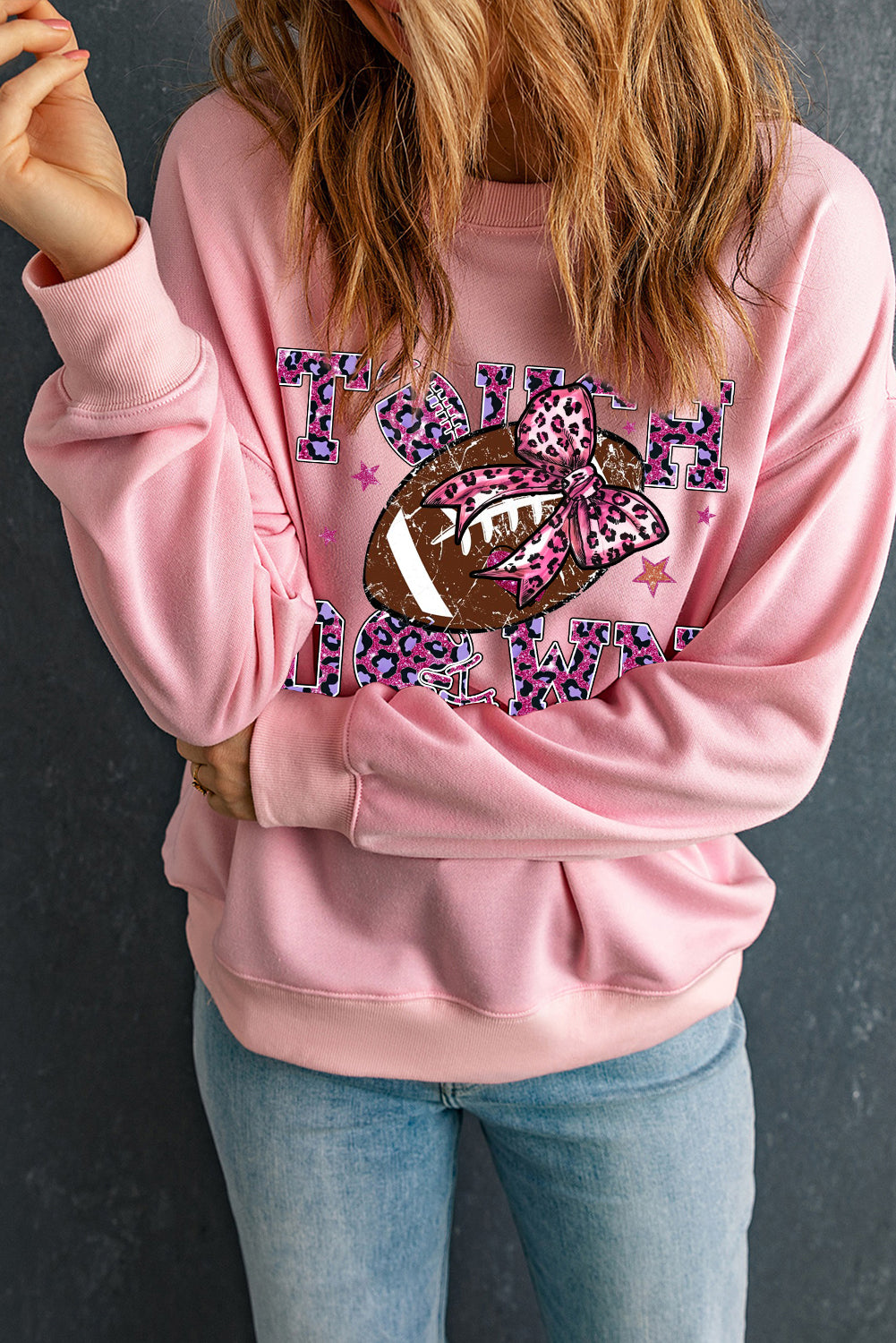 Touch Down Crew Neck Bow Rugby Print Pullover Sweatshirt