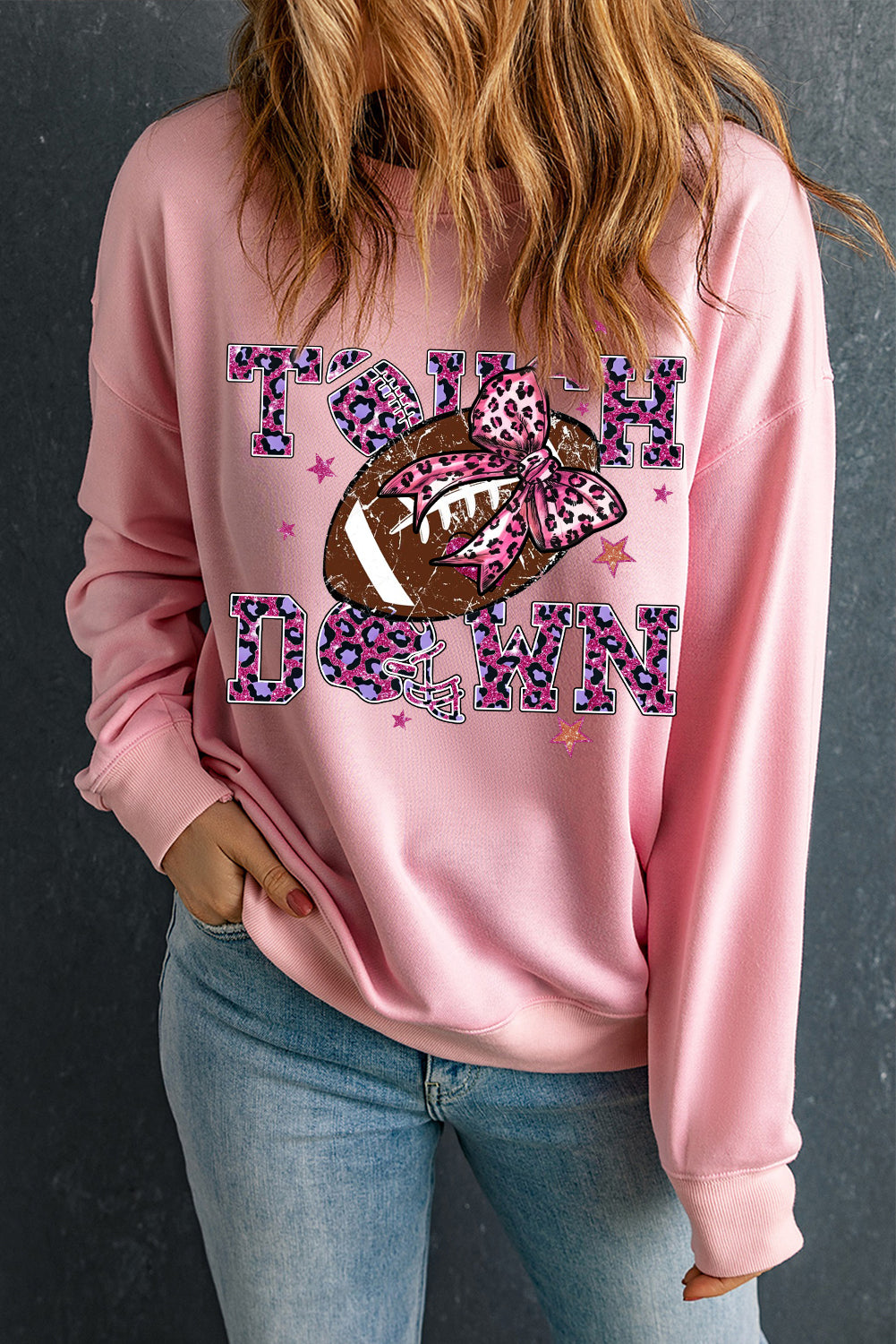 Touch Down Crew Neck Bow Rugby Print Pullover Sweatshirt