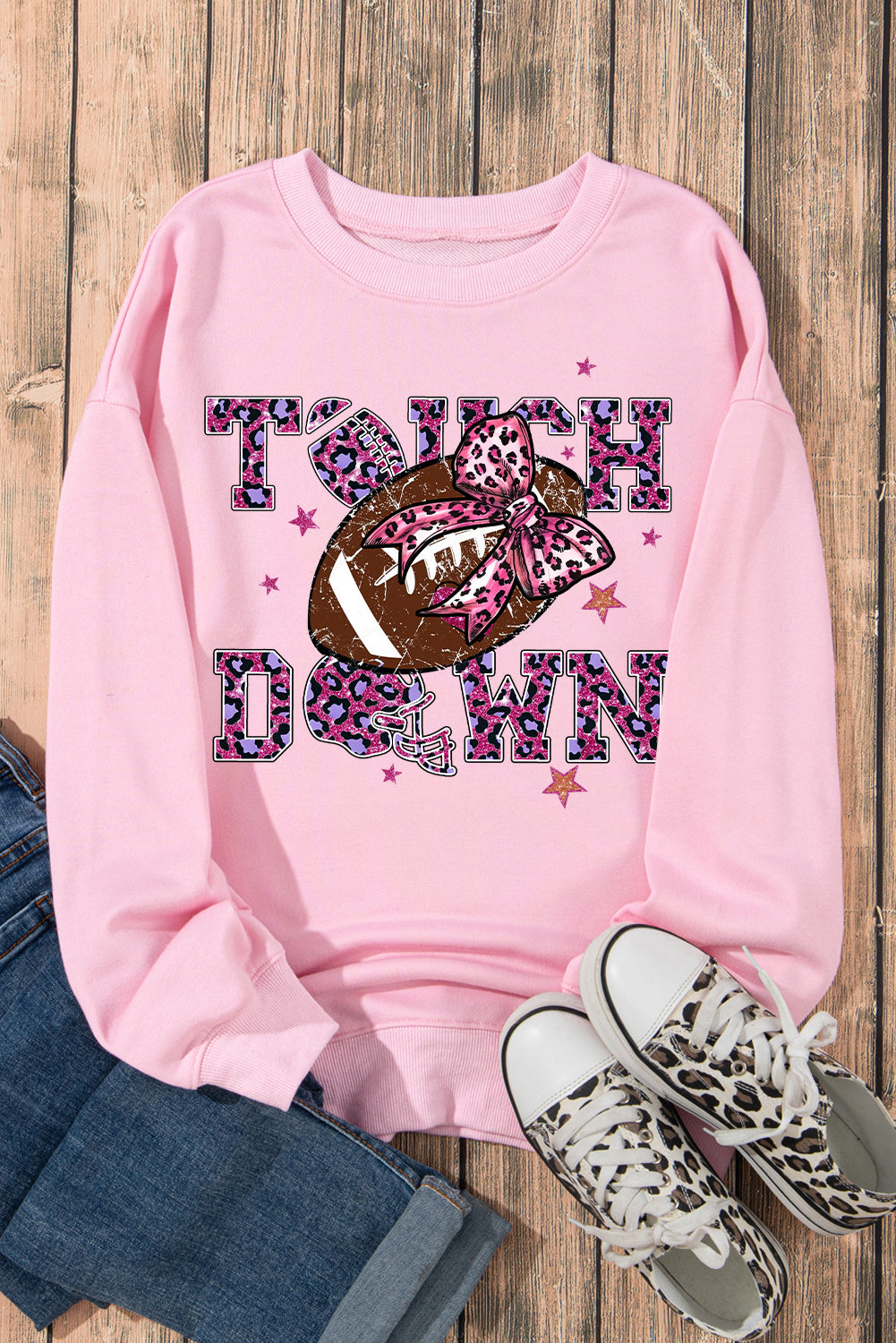 Touch Down Crew Neck Bow Rugby Print Pullover Sweatshirt