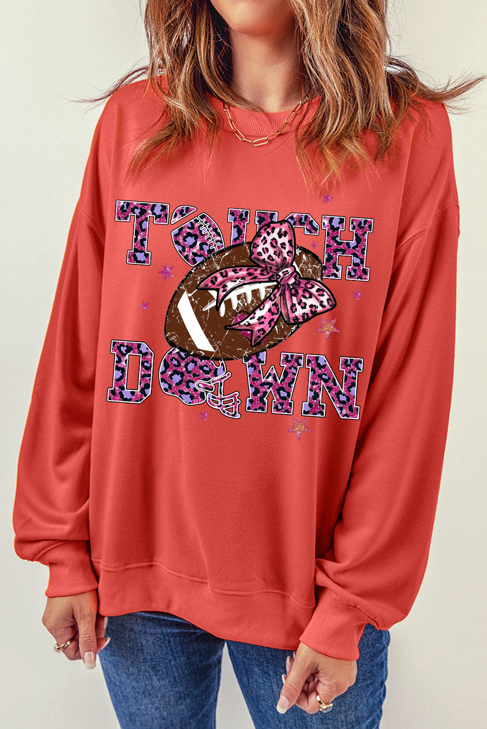 Touch Down Crew Neck Bow Rugby Print Pullover Sweatshirt