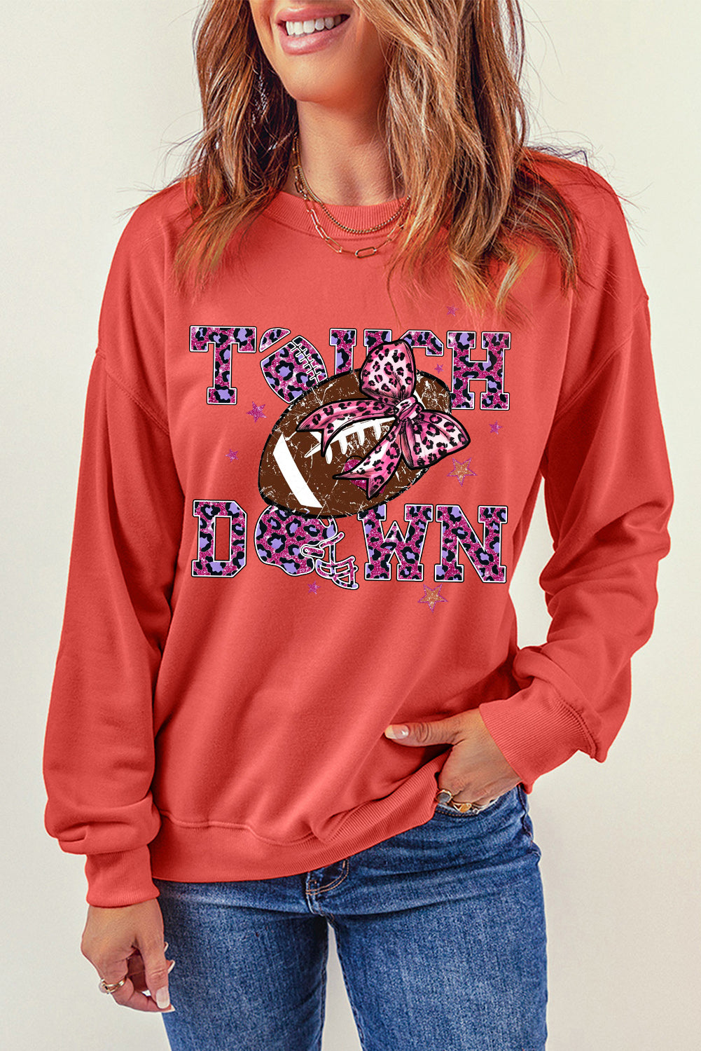 Touch Down Crew Neck Bow Rugby Print Pullover Sweatshirt