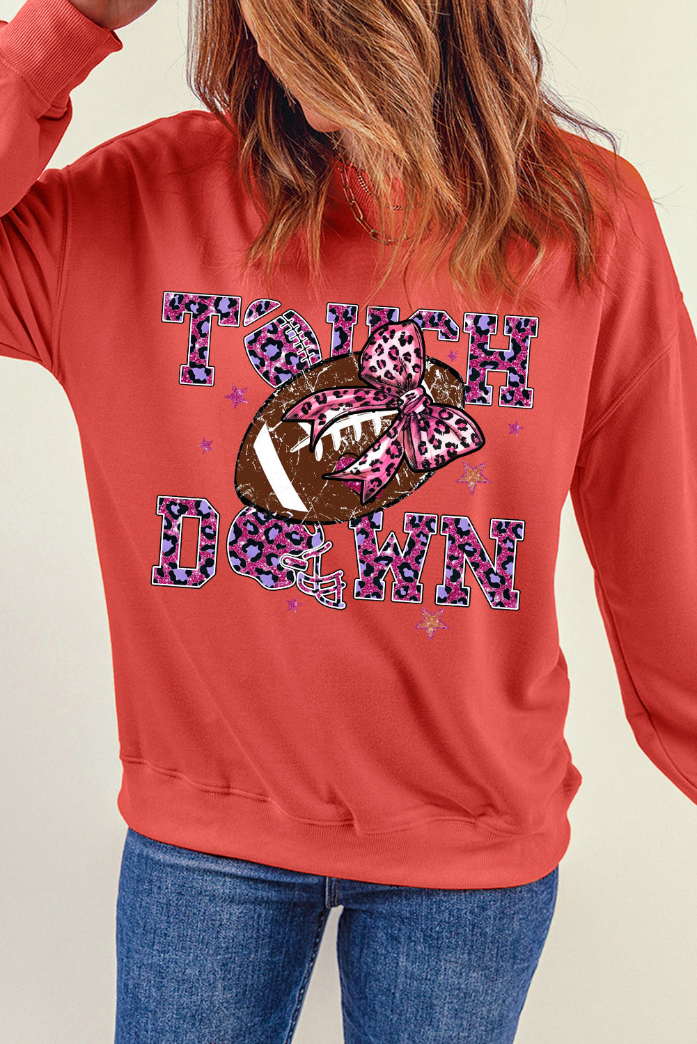 Touch Down Crew Neck Bow Rugby Print Pullover Sweatshirt