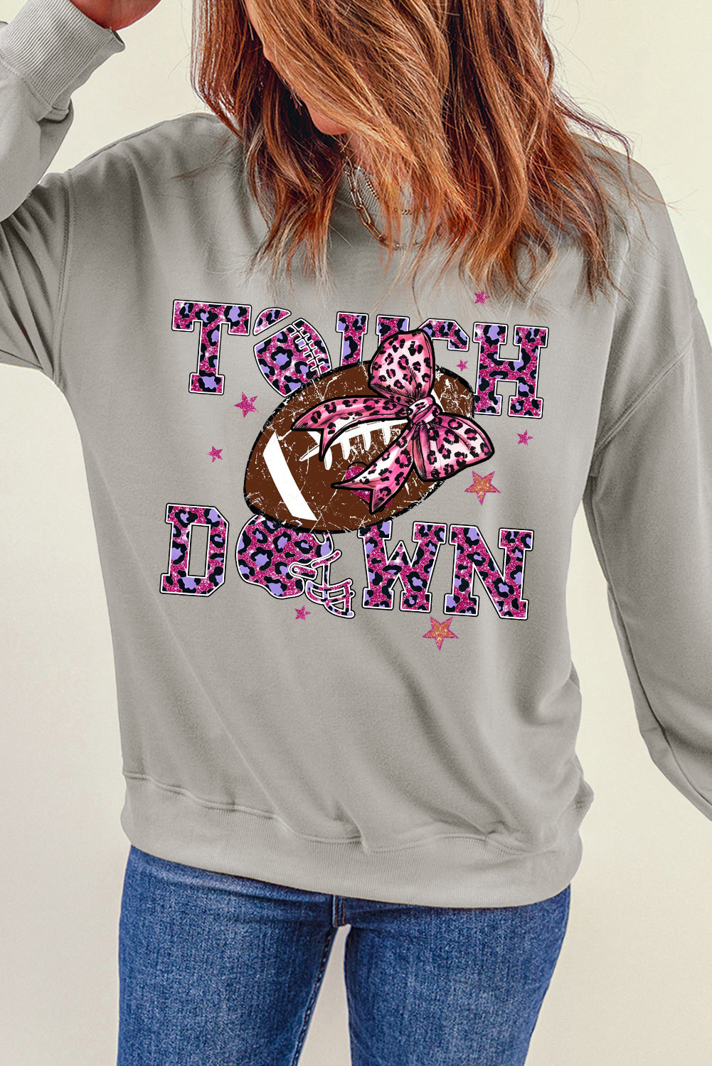 Touch Down Crew Neck Bow Rugby Print Pullover Sweatshirt