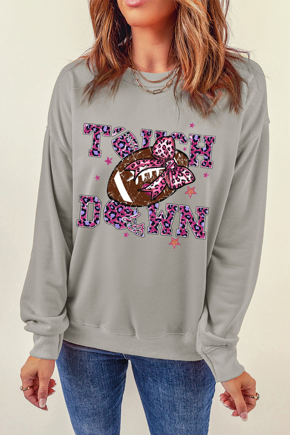 Touch Down Crew Neck Bow Rugby Print Pullover Sweatshirt