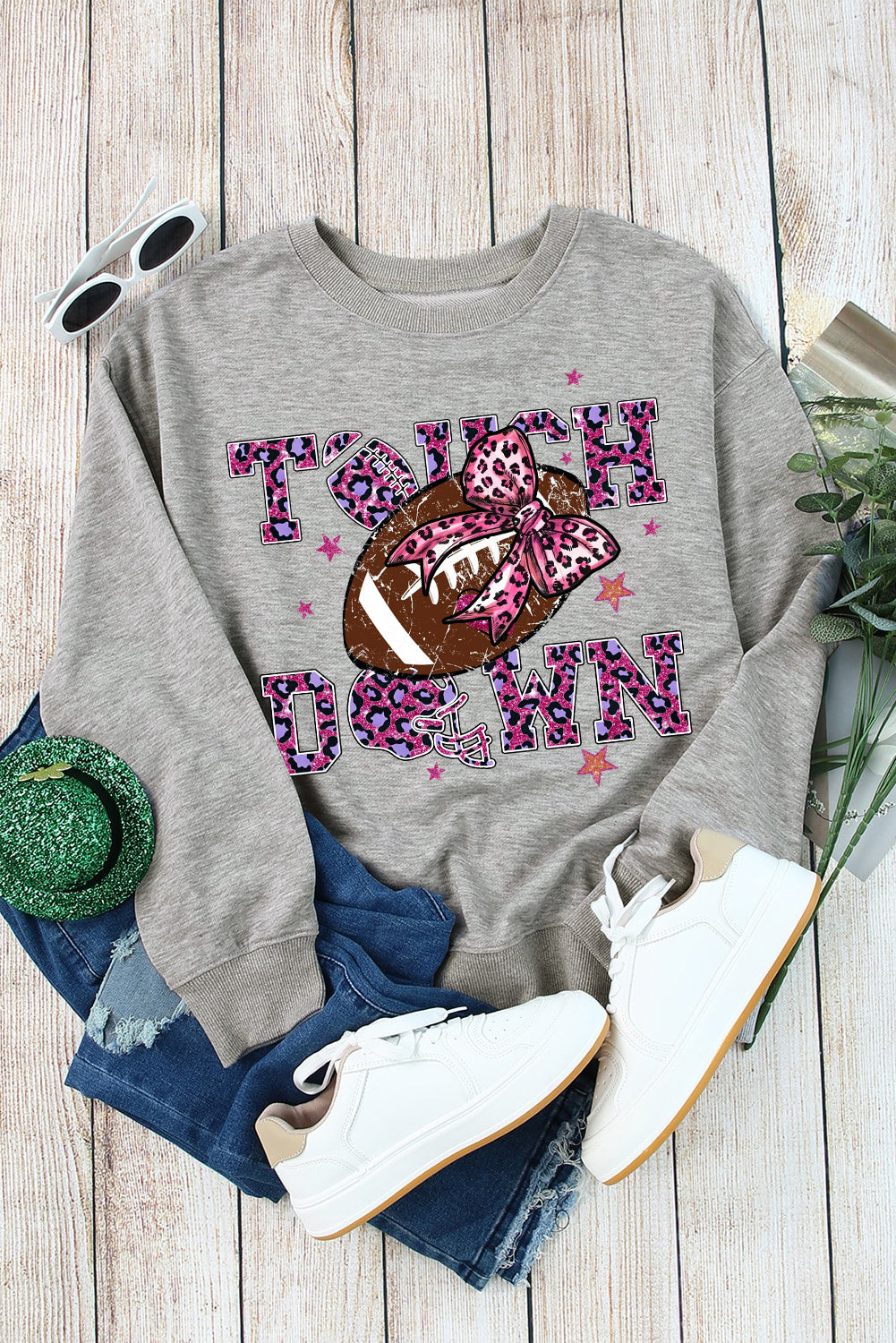 Touch Down Crew Neck Bow Rugby Print Pullover Sweatshirt