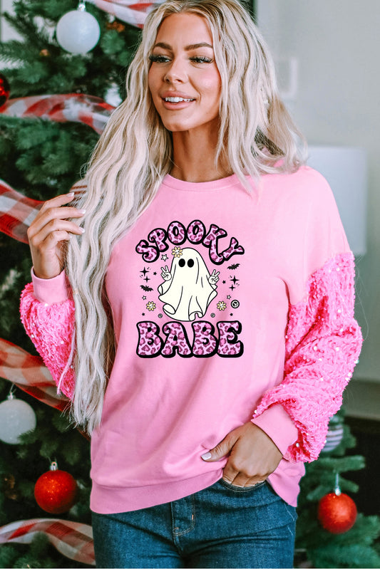 Spooky Baby Pink Sequin Patchwork Long Sleeve Pullover Top