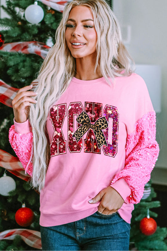 Valentine's Day XOXO Sequin Patchwork Long Sleeve Pullover Sweatshirt