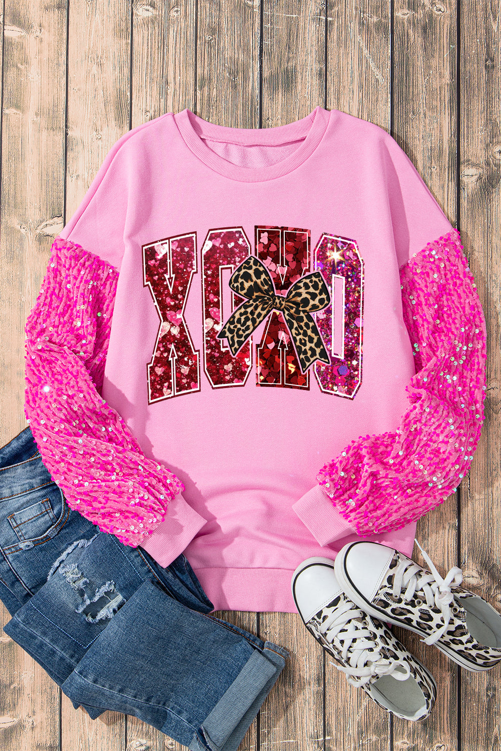 Valentine's Day XOXO Sequin Patchwork Long Sleeve Pullover Sweatshirt