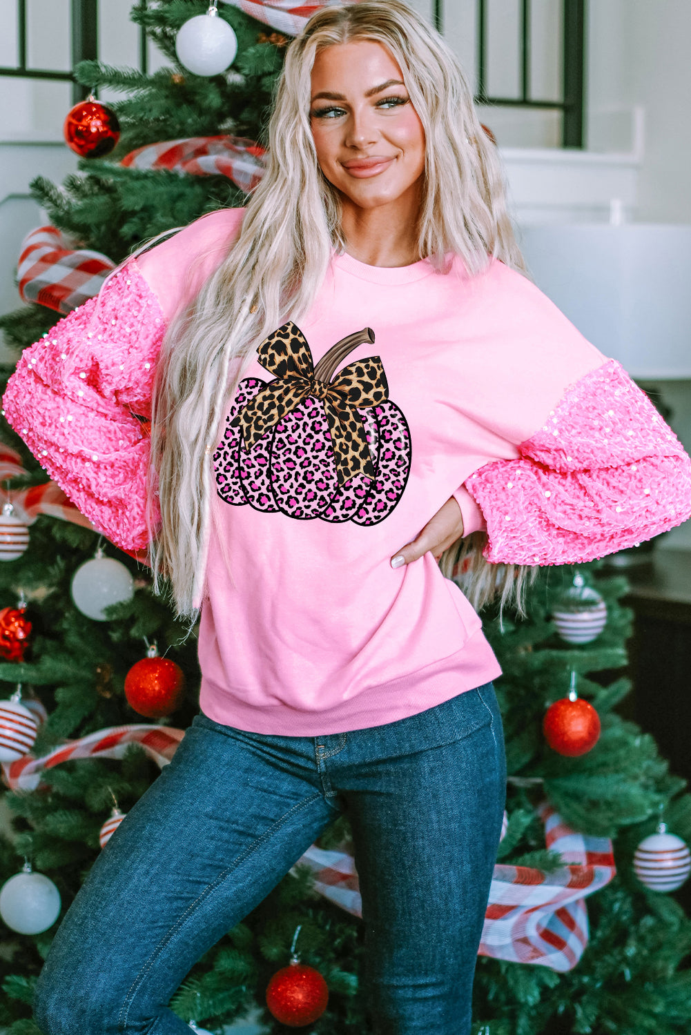 Pumpkin Pink Sequin Patchwork Long Sleeve Pullover Sweater