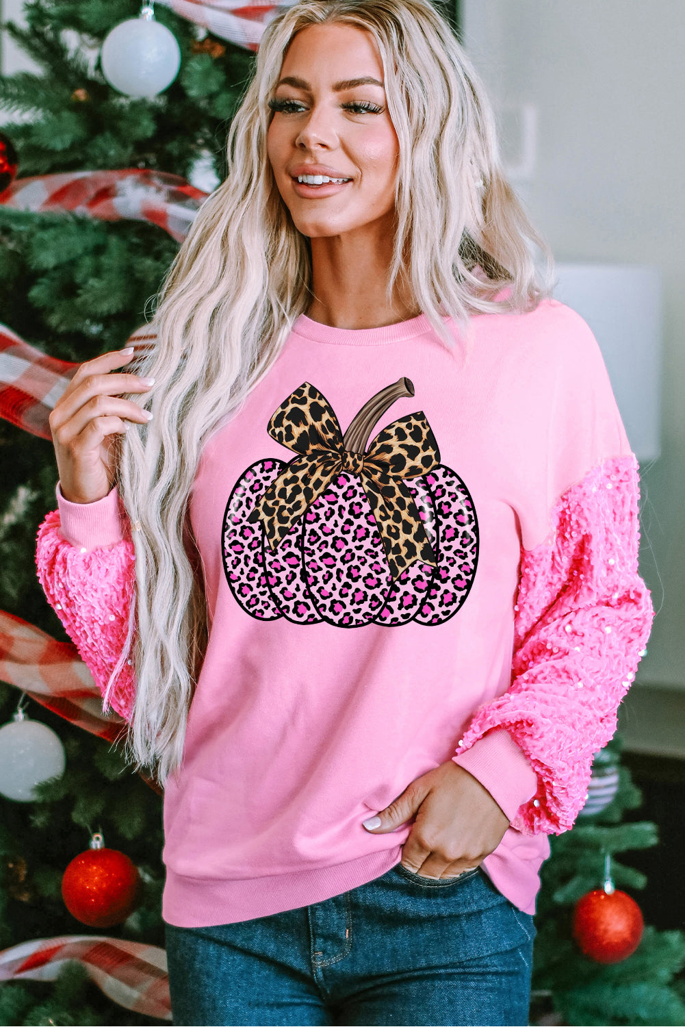 Pumpkin Pink Sequin Patchwork Long Sleeve Pullover Sweater