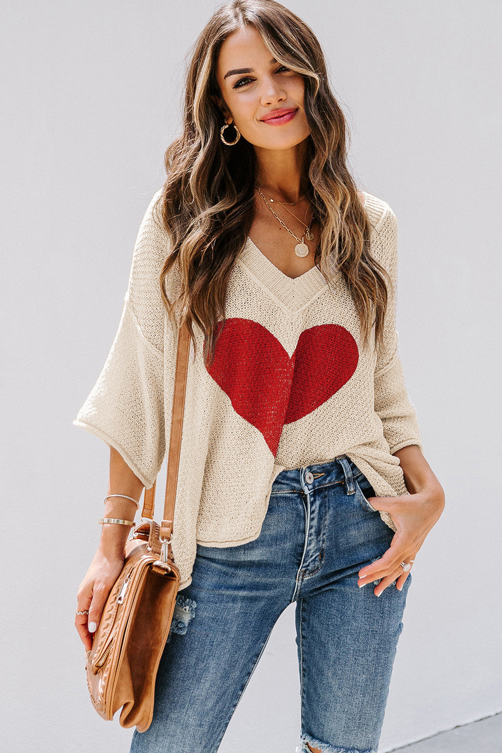 Beige V-neck Dropped Sleeve Heart Print Slouchy Shift Sweaters