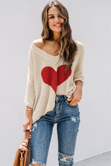Beige V-neck Dropped Sleeve Heart Print Slouchy Shift Sweaters