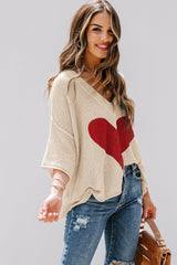 Beige V-neck Dropped Sleeve Heart Print Slouchy Shift Sweaters