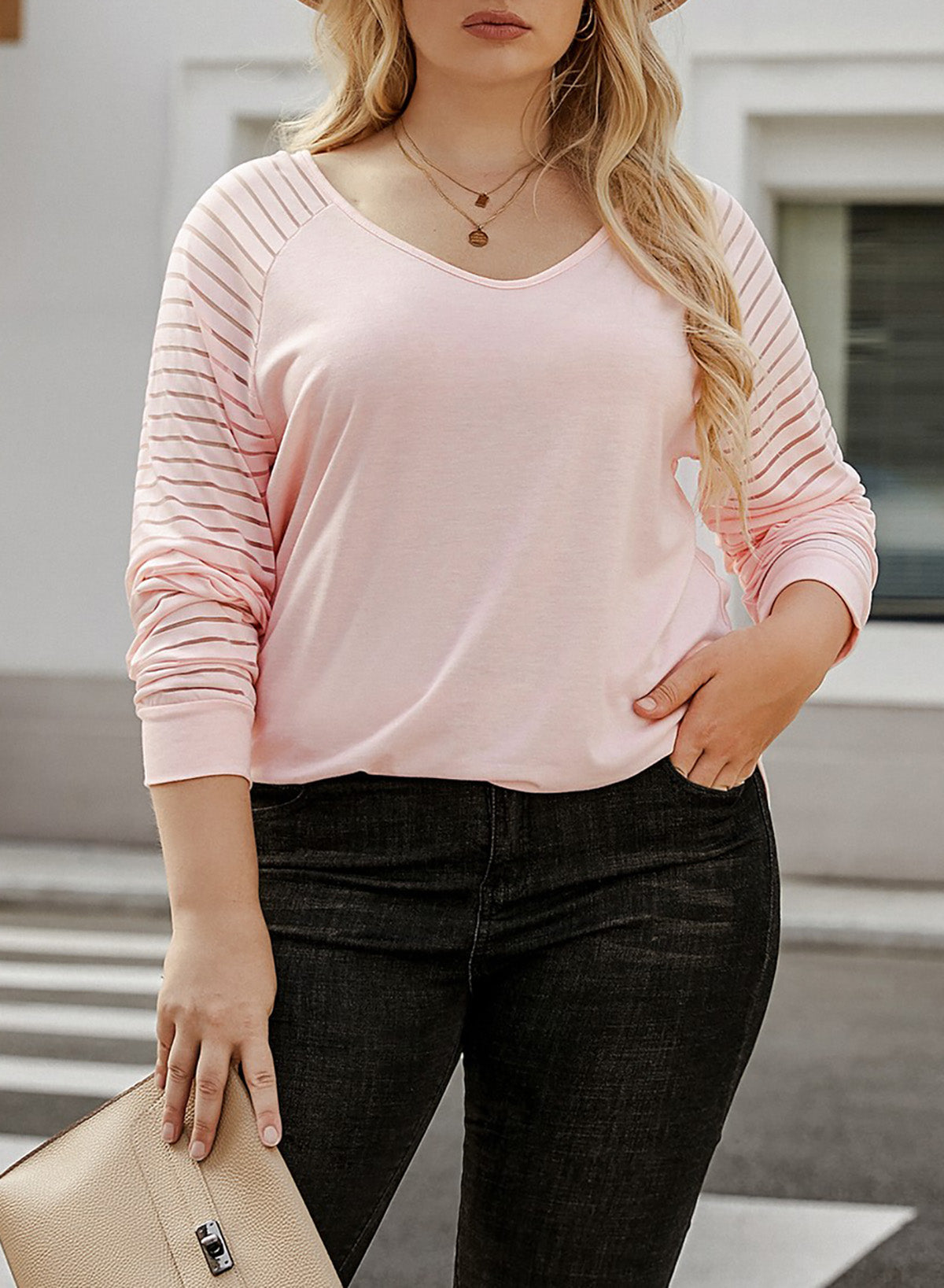 Pink Striped Cut-out Long Sleeve T Shirt