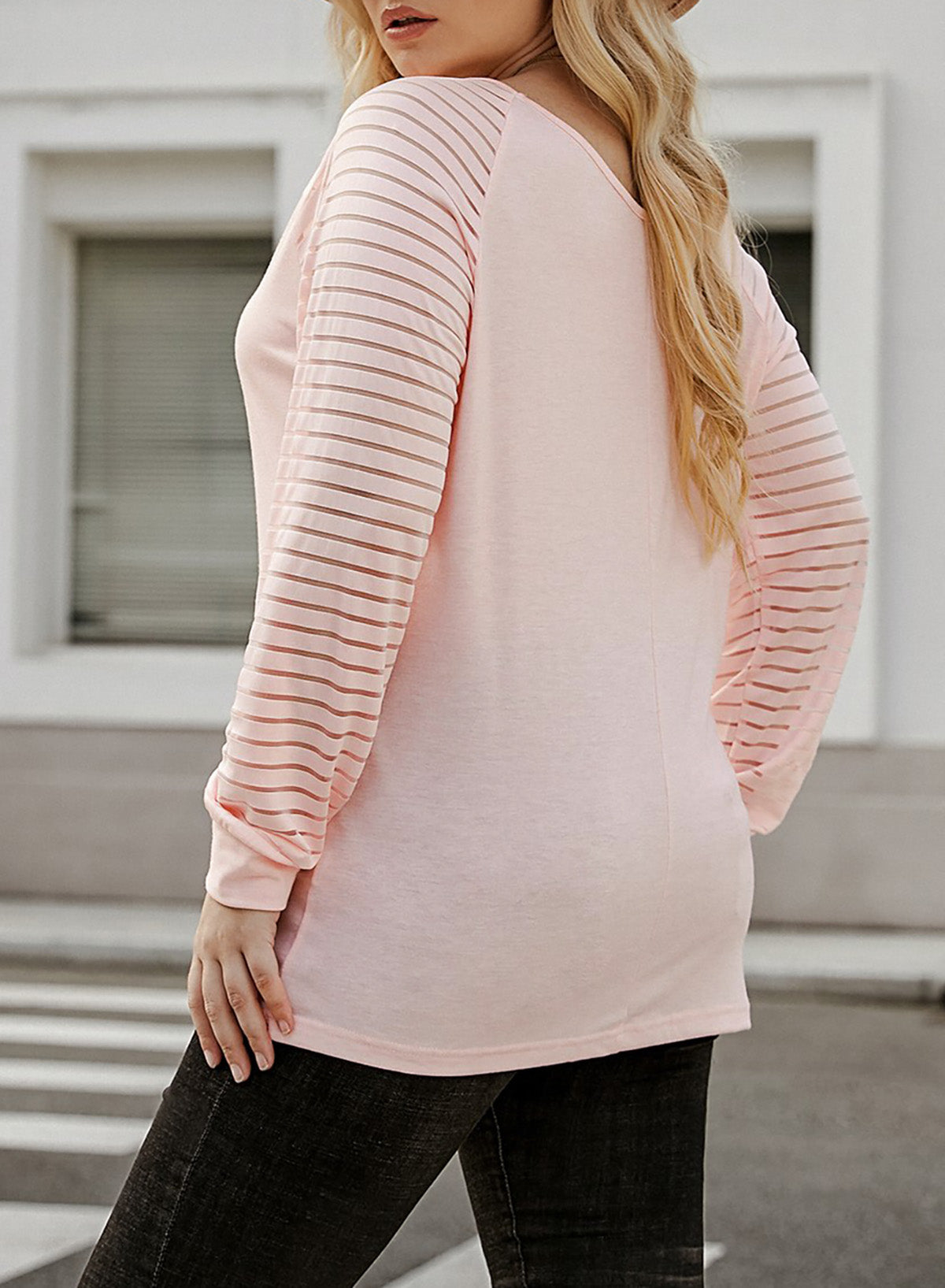 Pink Striped Cut-out Long Sleeve T Shirt