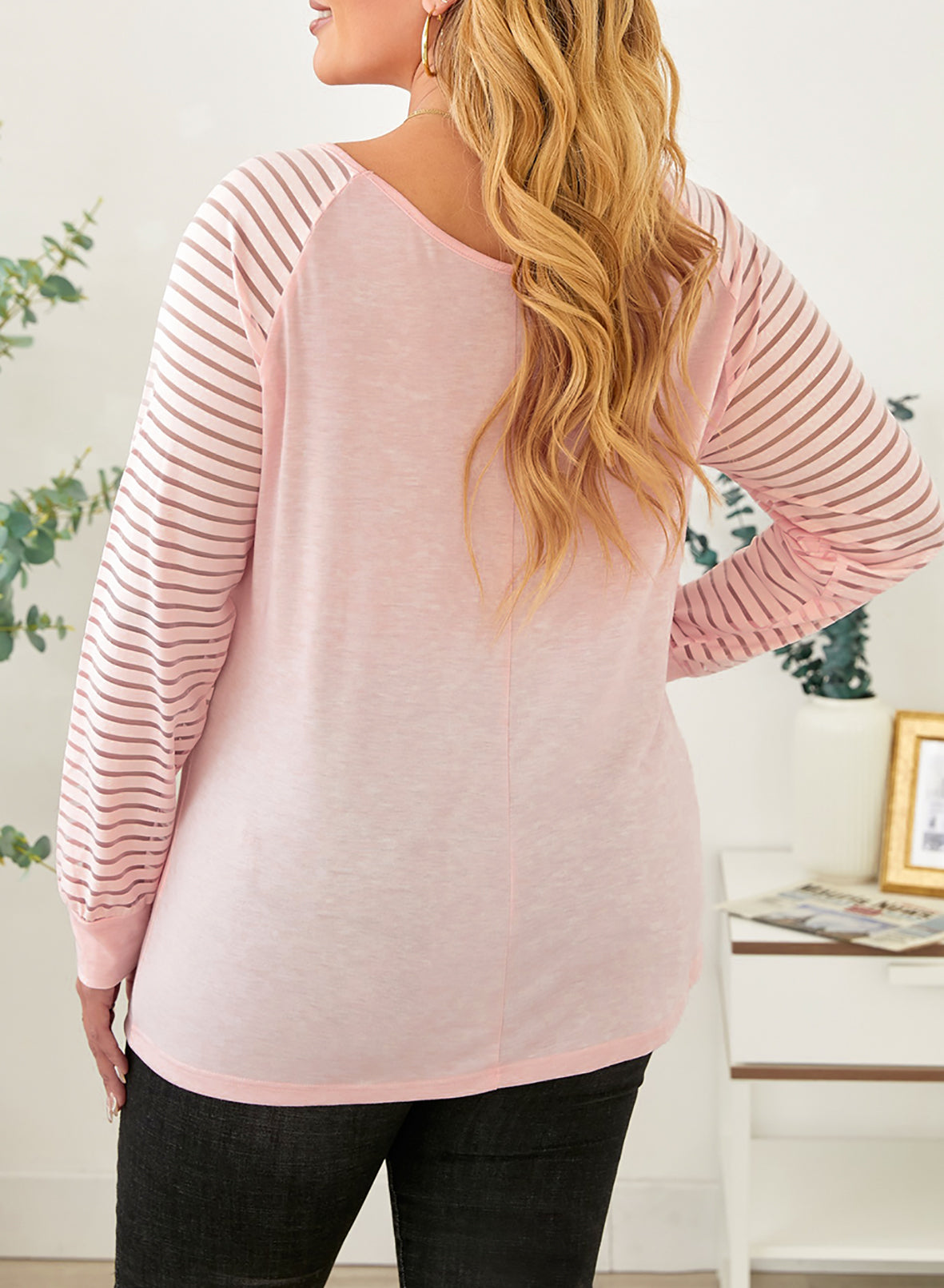 Pink Striped Cut-out Long Sleeve T Shirt