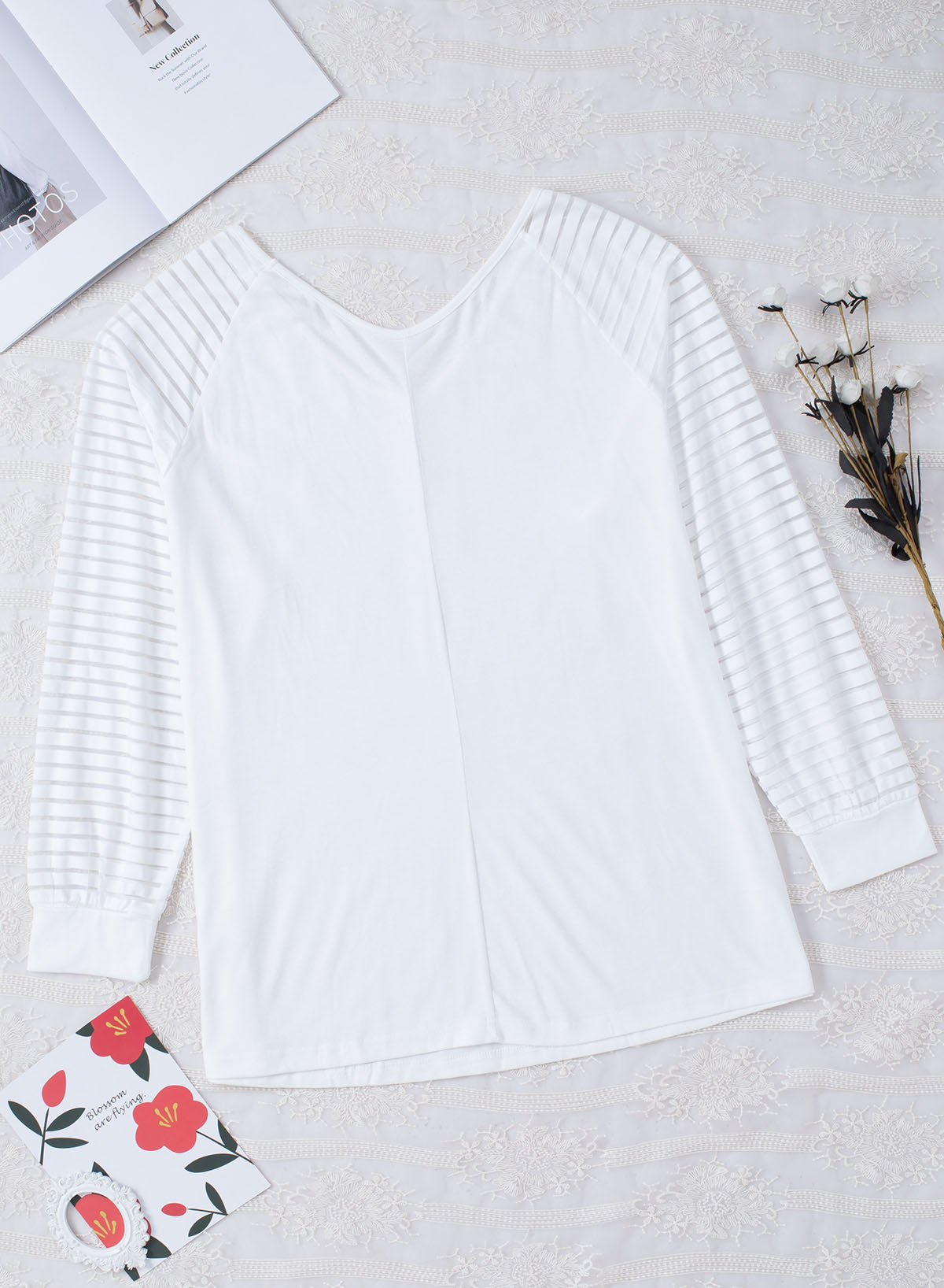 White Striped Cut-out Long Sleeve T Shirt