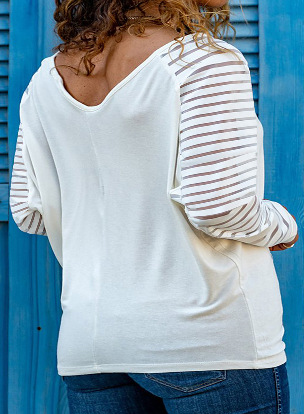 White Striped Cut-out Long Sleeve T Shirt