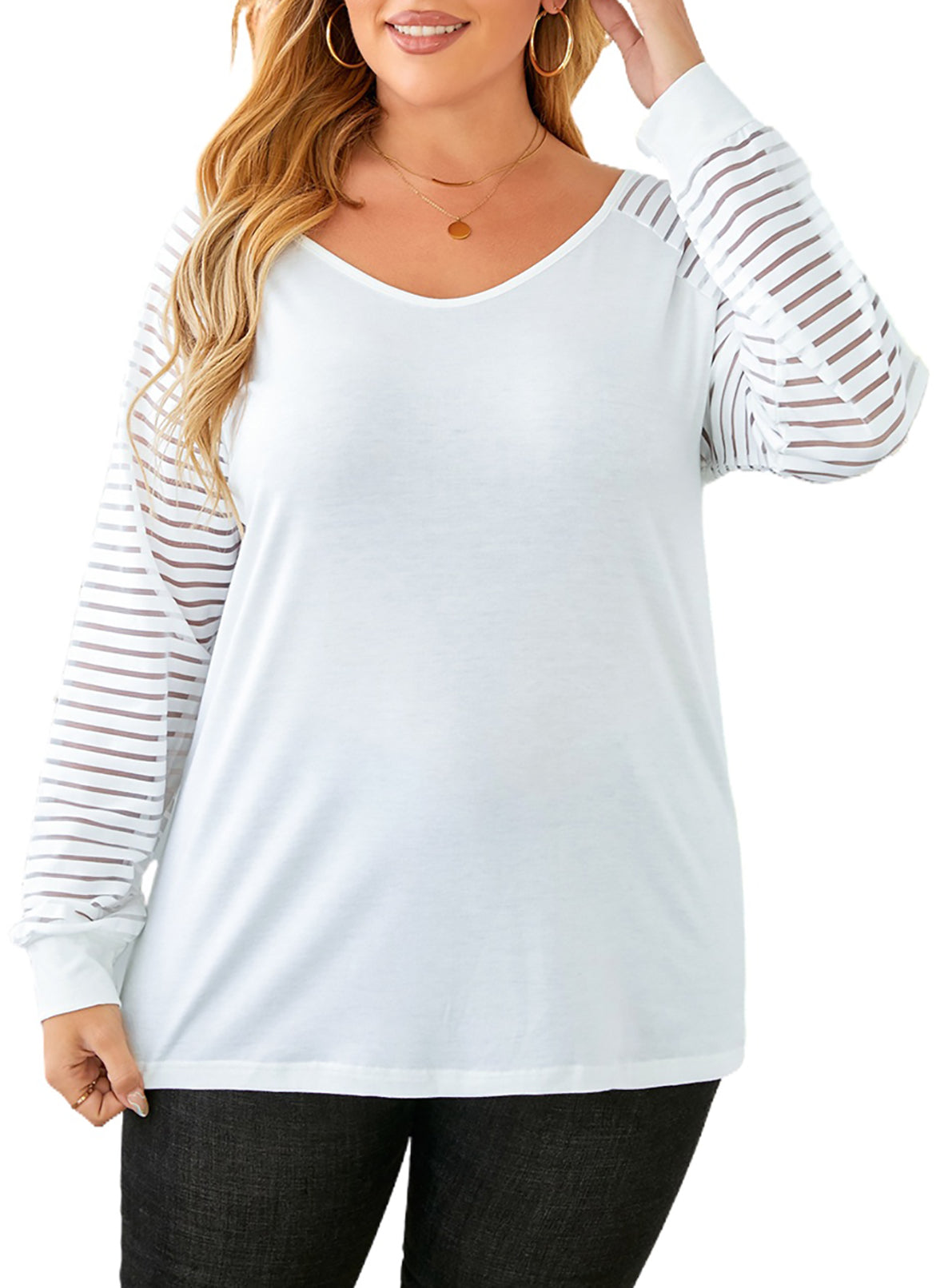 White Striped Cut-out Long Sleeve T Shirt