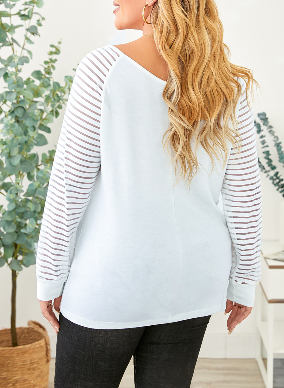 White Striped Cut-out Long Sleeve T Shirt