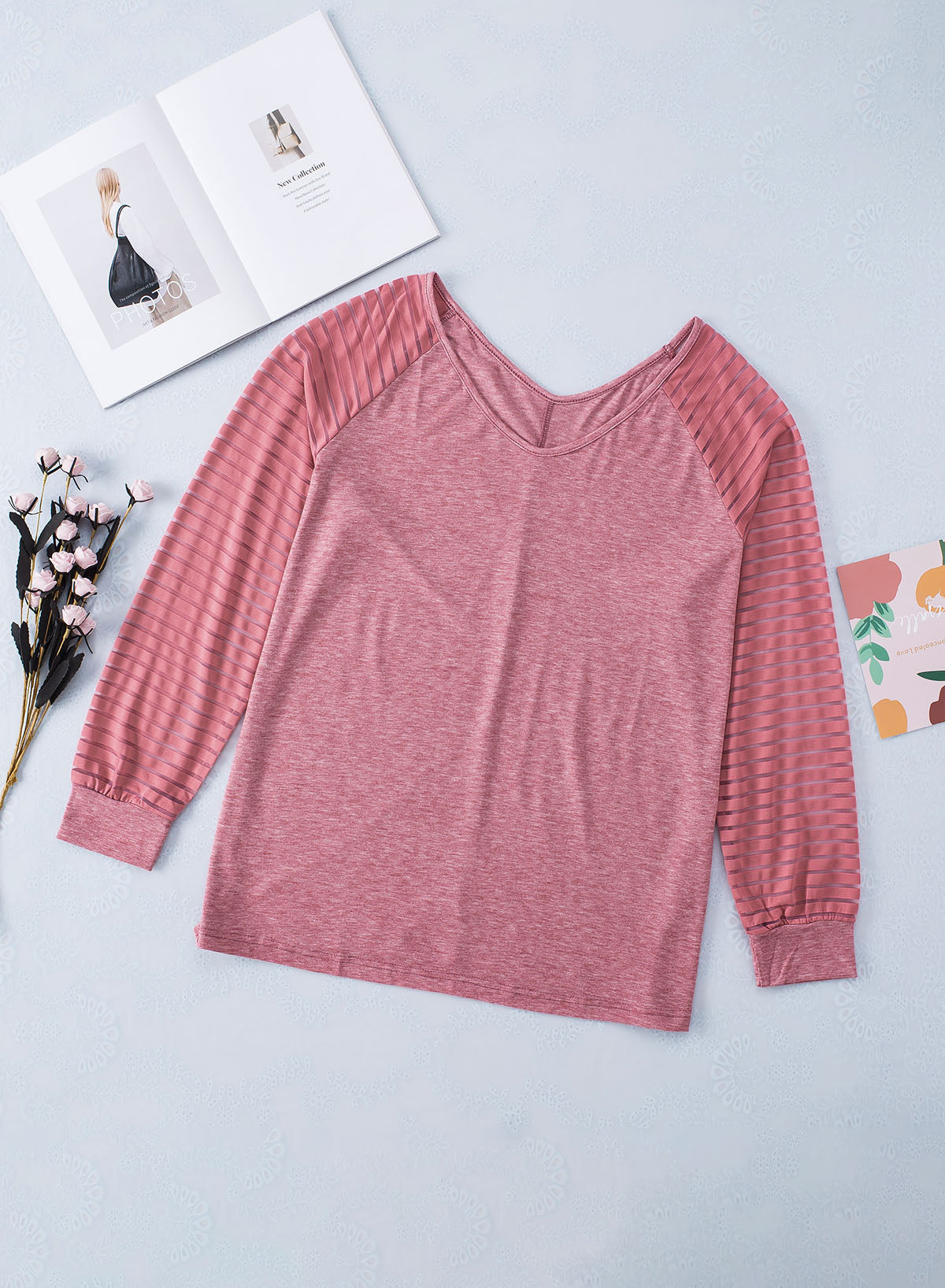 Rose Striped Cut-out Long Sleeve T Shirt