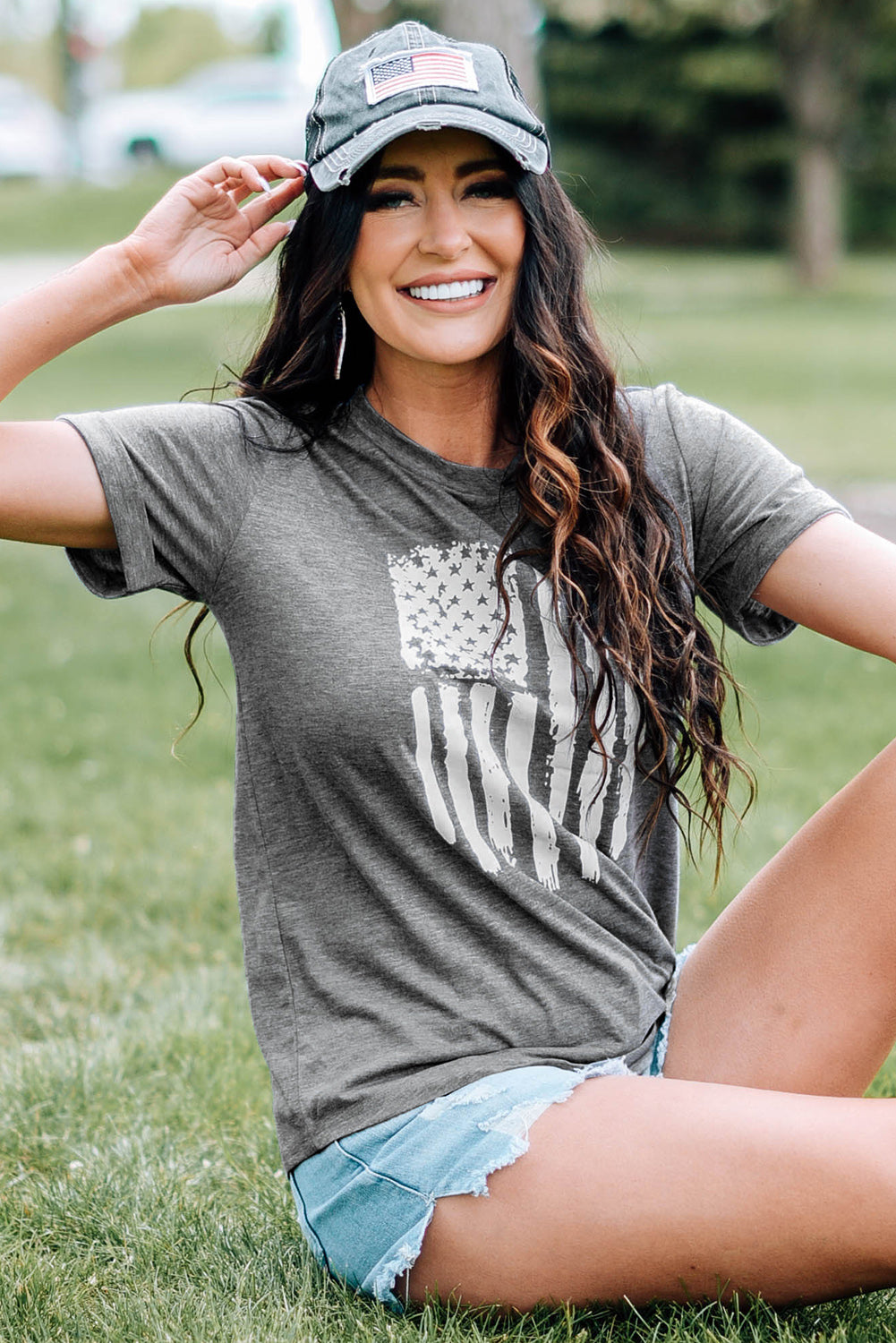 Gray America Flag Print Crewneck T-shirt