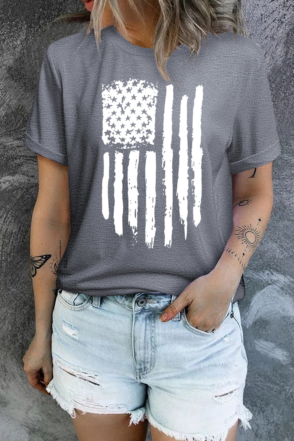 Gray America Flag Print Crewneck T-shirt