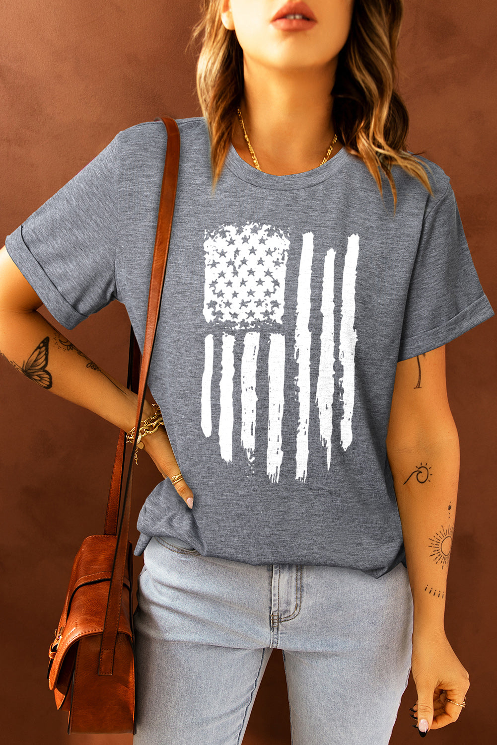 Gray America Flag Print Crewneck T-shirt