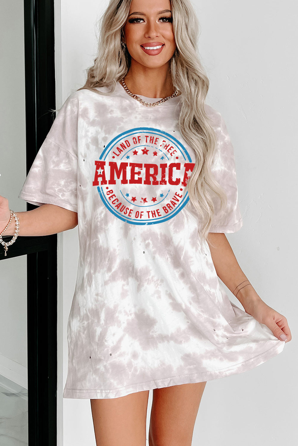 White Oversized Tie-dye AMERICA Graphic T-shirt with Distressing