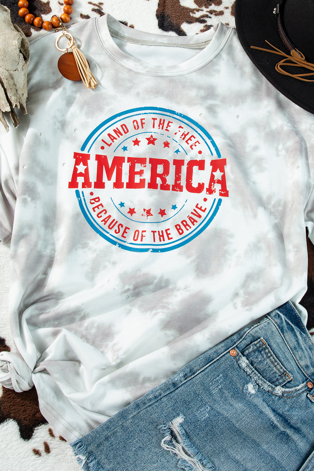 White Oversized Tie-dye AMERICA Graphic T-shirt with Distressing